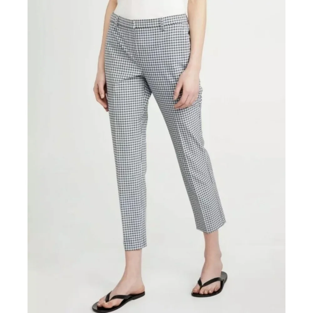 Theory Women Treeca 4 Cropped Check Pants Size:12 Blue Plaid Stretch Viscose